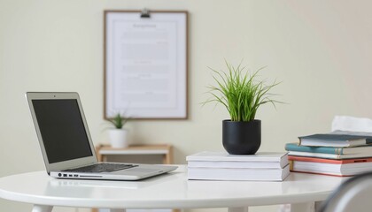 Fototapeta premium Clean Minimalist Workspace with Natural Elements and Technology