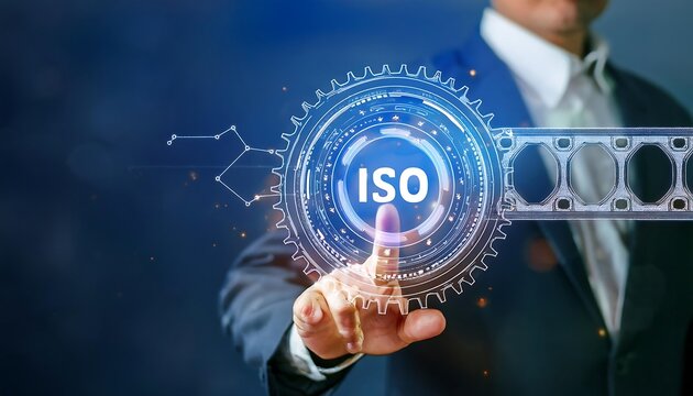 Person touching ISO digital icons inside a connected sprocket chain.