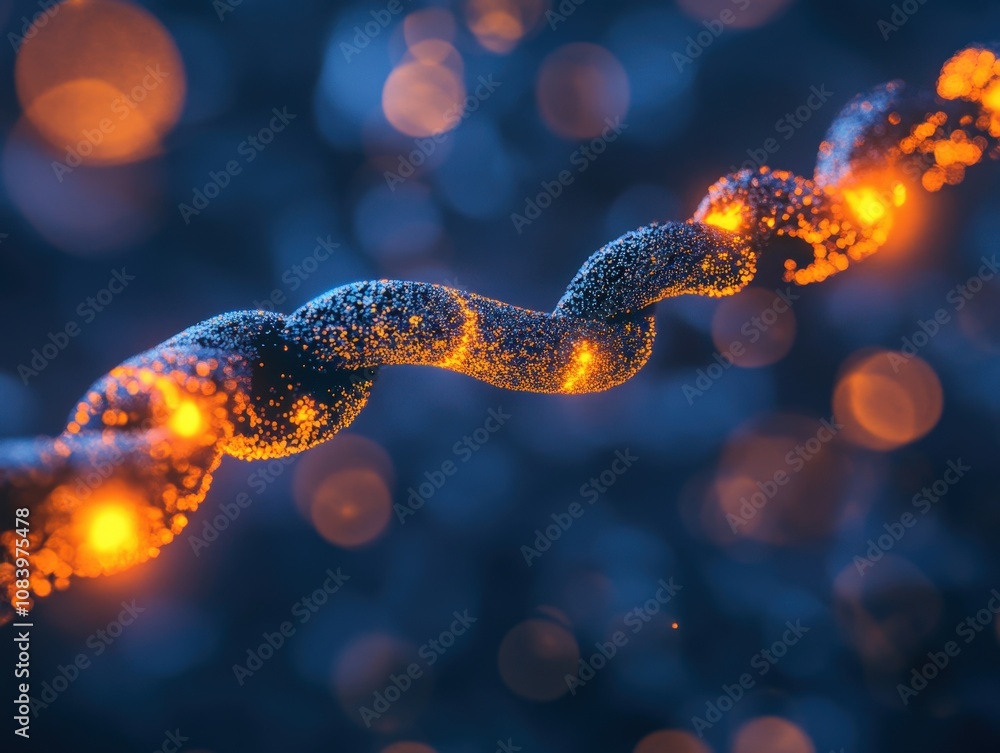 Poster abstract representation of a glowing twisted chain with vibrant particles
