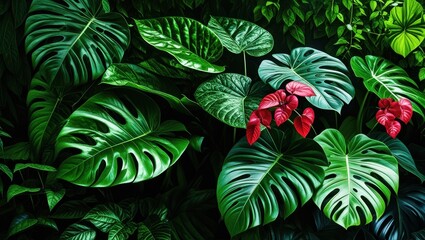 Fototapeta premium Tropical foliage, vibrant green monstera leaves, deep jungle atmosphere, red exotic flower, lush botanical garden, high contrast, dark background, philodendron, rainforest detail, macro photography, v