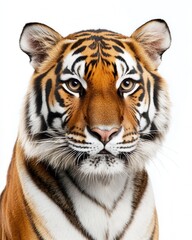 Fototapeta premium Majestic Close-Up Portrait of a Sumatran Tiger, Striking Orange and Black Stripes, Intense Gaze, White Background