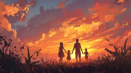 Silhouette of a Happy Family Holding Hands Against a Vibrant Sunset Sky with Lush Grassland, Symbolizing Togetherness and Joyful Memories