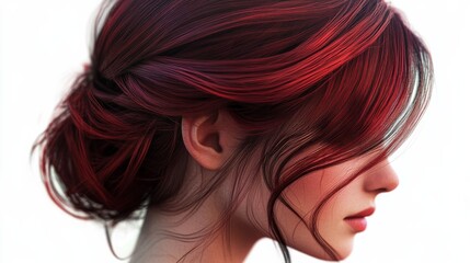 Obraz premium A striking profile of a woman with vibrant red hair, showcasing intricate textures and soft light, emphasizing beauty and elegance.