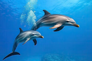 Fototapeta premium animal love and bond concept, A stunning underwater scene featuring two dolphins swimming gracefully in clear blue water, showcasing their playful nature.