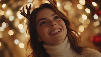 Fototapeta premium Joyful Woman with Antlers Surrounded by Festive Holiday Lights