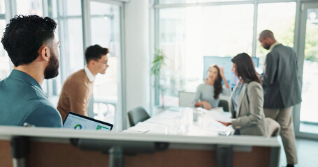 Obraz premium Manager, businessman and whiteboard for presentation, data and training for investment. Team, leader and workshop meeting for learning with tablet for market demographics, finance and stats in office