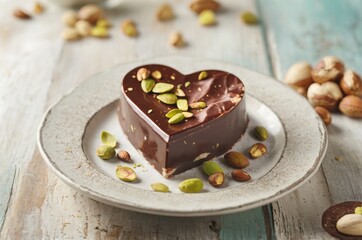Dubai chocolate dessert, pistachios, almonds, rustic plate, soft lighting, wooden table, pastel tones, shallow depth of field, food photography, romantic, Valentine's Day treat, gourmet