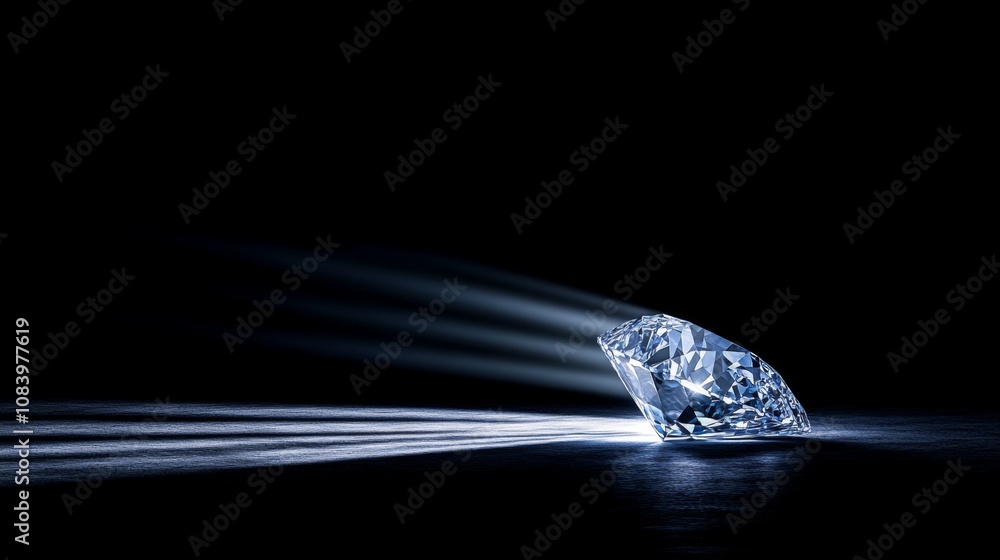 Aufkleber Sparkling diamond on a dark backdrop with soft rays of light elegantly illuminating its facets, creating a mesmerizing display of brilliance and clarity.