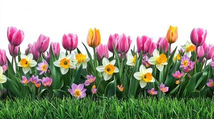 Vibrant Spring Border Pink Tulips, Daffodils, and Crocuses in Lush Green Grass - Perfect for Springtime Designs