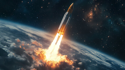 Obraz premium Rocket launching into space with starry night background. Galactic. Illustration