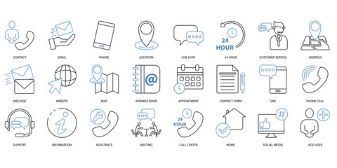 Naklejka premium Contact icons set. Set of editable stroke icons.Set of Contact