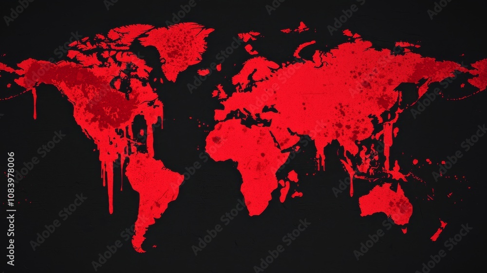 Poster a vibrant map of the world in red, featuring a paint-drip effect that creates a bold and striking vi