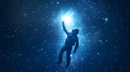 Fototapeta premium Spaceman reaching star. space travel. person in spacesuit. Galactic. Illustration