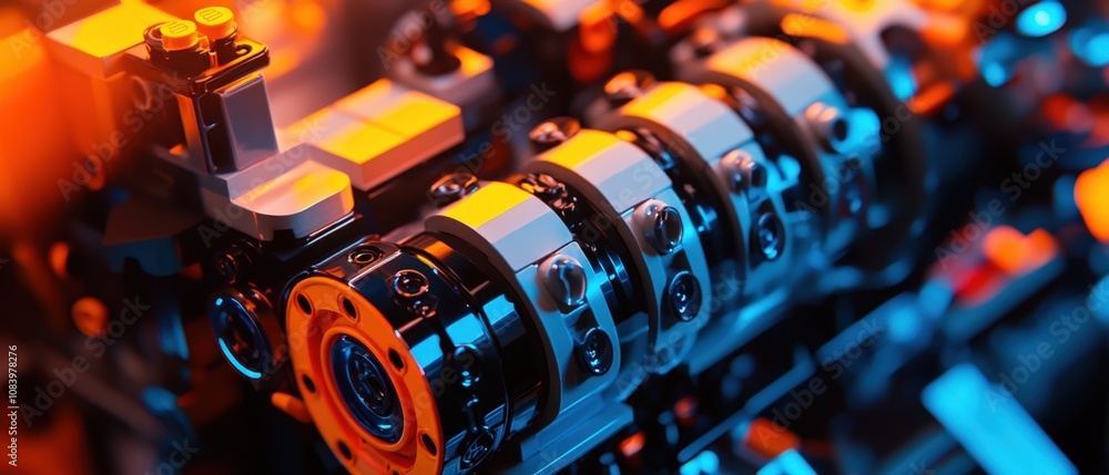 Poster close-up of a high-tech mechanical component with intricate details and vibrant lighting