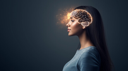 Woman highlighted by glowing brain imagery showcasing advancements in app development, virtual reality, UX design, medical tech, and innovative branding concepts