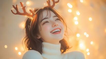 Fototapeta premium Joyful Young Woman with Reindeer Antlers Amidst Twinkling Holiday Lights