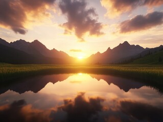 Fototapeta premium serene sunset reflection over mountains and a tranquil lake