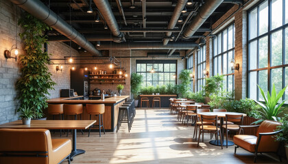 Fototapeta premium Modern industrial cafe interior with greenery and natural light