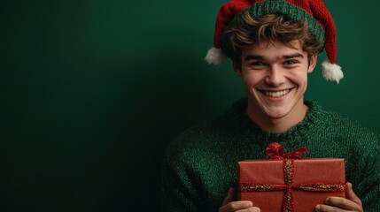 Fototapeta premium Cheerful Young Man in Santa Hat Holding a Gift Against Green Background