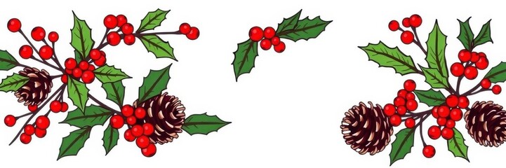 Christmas doodle flat style wreath with festive decorations like holly, berries, and pine cones, on a white background isolated, doodle, festive, isolated