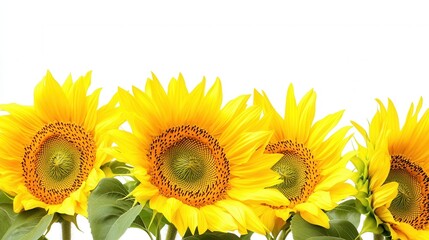 Fototapeta premium Vibrant Yellow Sunflowers on White Background Close-up of Blooming Helianthus Annuus for Summer Designs