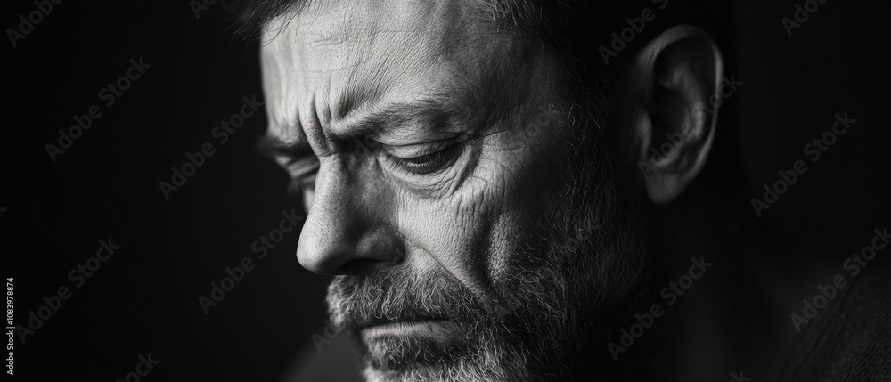 Poster a contemplative portrait of a man with a rugged appearance and deep expression