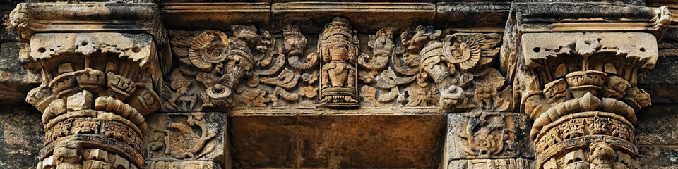 Obraz premium Ancient Architecture: The detailed carvings and worn stonework of an ancient ruin, telling stories of bygone eras.