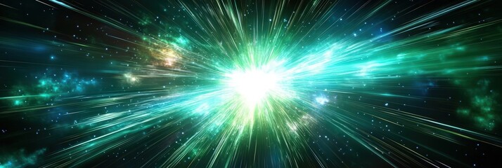 Fototapeta premium A bright green light rays from the center of an explosion moving high speed, abstract futuristic background portal tunnel with blue and teal colors on a black background,