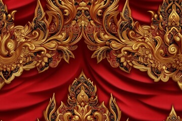 An ornate design featuring intricate gold patterns against a rich red backdrop, showcasing elegance and artistic craftsmanship.