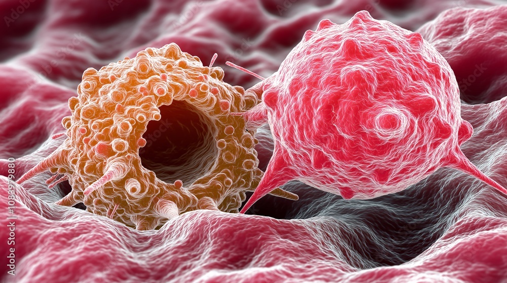 Aufkleber detailed 3d rendering of cancer cells with intricate textures and structures, highlighting interacti