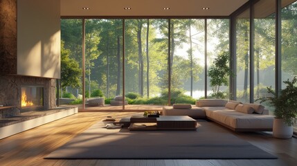Fototapeta premium A large living room with a fireplace and a large window