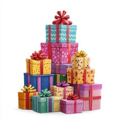 Obraz premium Stack of Colorful Gift Boxes with Red and Gold Bows - Festive Holiday Present Pile, Birthday Surprise, Celebration Concept