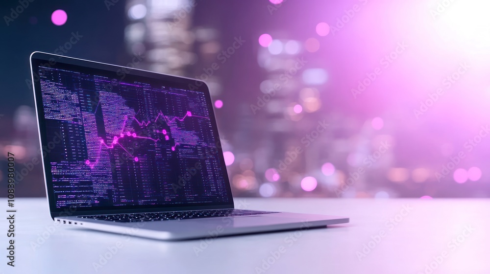 Poster laptop displaying digital data analysis in a city setting.