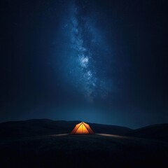 a serene camping scene under a starry night sky with a glowing tent