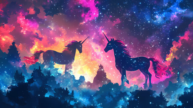 Vibrant magical unicorn creatures in a whimsical celestial fantasy landscape. Galactic. Illustration