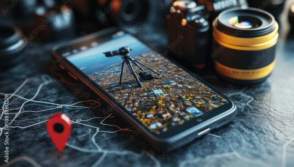 Poster a smartphone displaying a cityscape photo with a camera and map elements nearby.