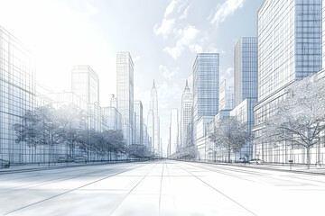 Illustration - Cityscape Architectural Sketch, Buildings, Road, Trees