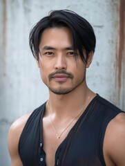 Stylish Asian Male with Medium-Length Haircut Posing in Urban Environment, Capturing Confidence and Charm Against a Rustic Background