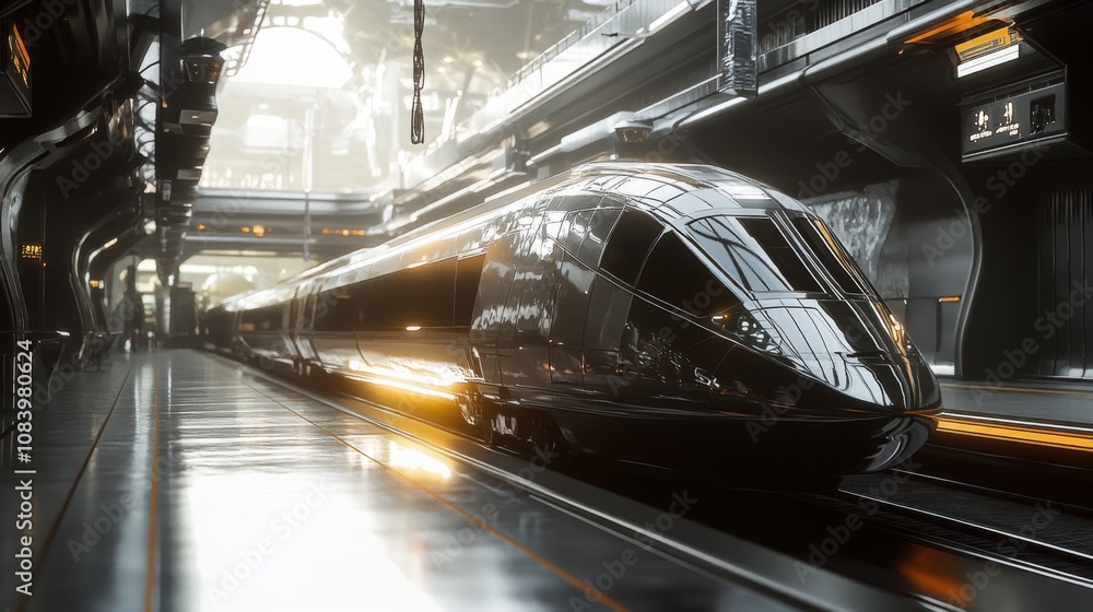 Poster futuristic high-speed train in a modern railway station with sleek design and advanced technology su