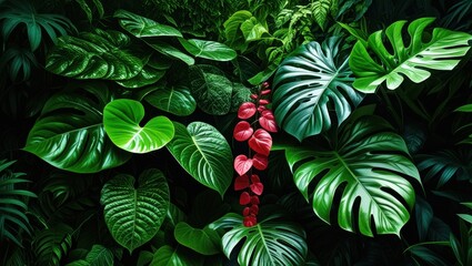 Tropical foliage, vibrant green monstera leaves, deep jungle atmosphere, red exotic flower, lush botanical garden, high contrast, dark background, philodendron, rainforest detail, macro photography, v