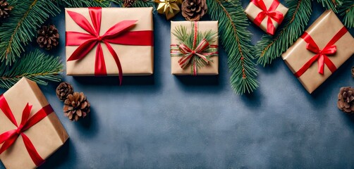 Fototapeta premium Festive Christmas Gifts Pine Branches and Pinecones on Dark Background