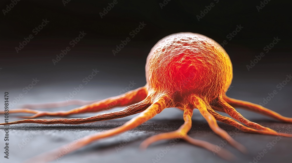 Poster intriguing close-up view of cancer cell captured in vibrant detail, showcasing the complex and uniqu