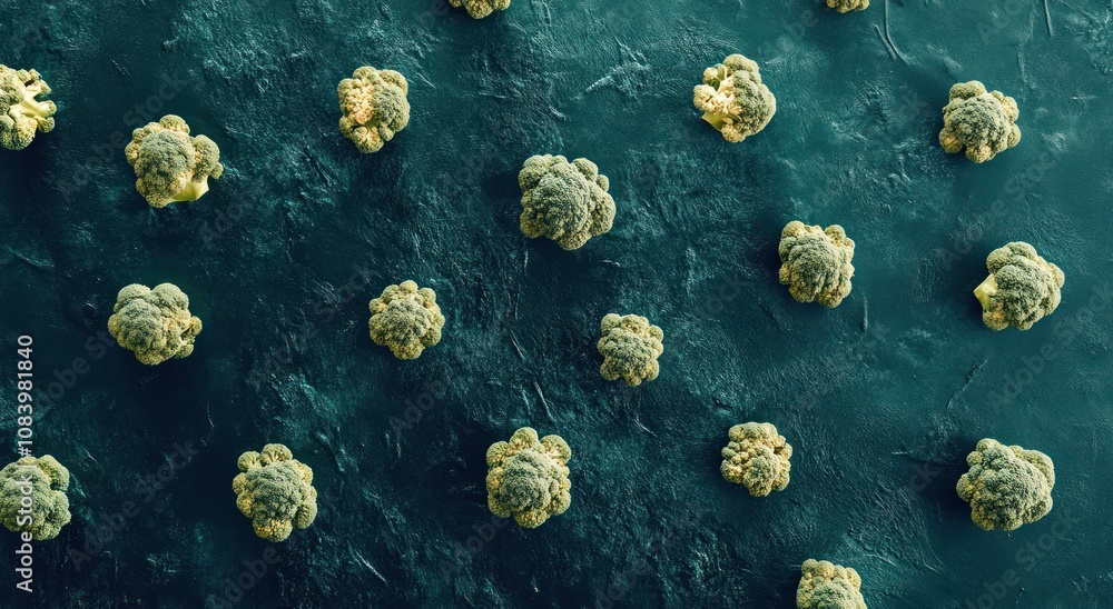 Aufkleber aerial view of spherical green structures on a textured dark surface, resembling microorganisms.