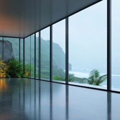Fototapeta premium modern interior with large windows overlooking a serene coastal landscape