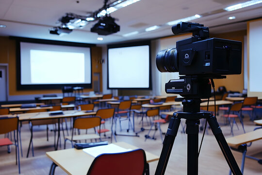 A classroom equipped with empty desks and a professional camera prepared for recording