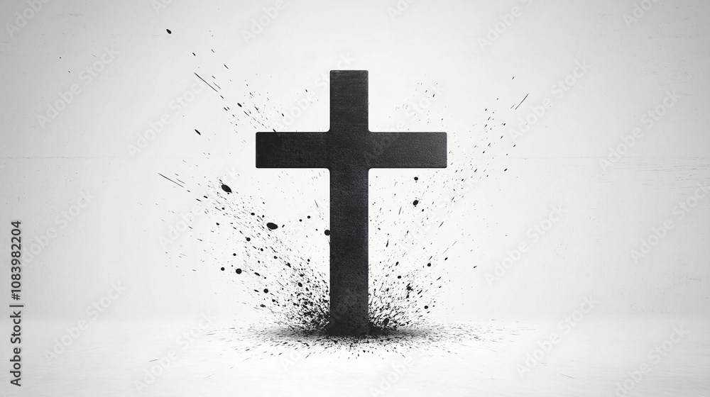 Poster minimalist black cross design with artistic splatter effect rendered on a clean background, perfect 