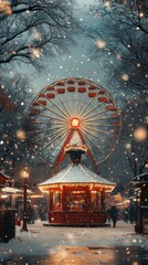 Snowy amusement park scene with a Ferris wheel and festive lights.