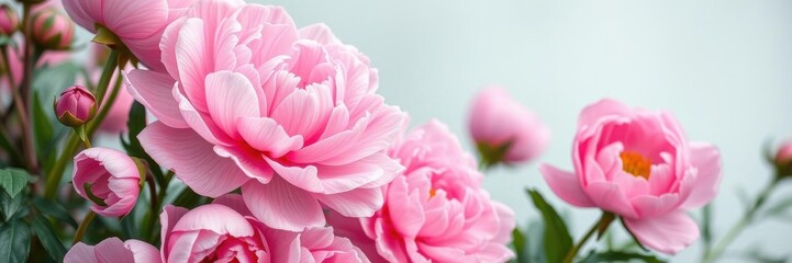 Pink peony flowers in full bloom, creating a beautiful and delicate pink background, blooming, full