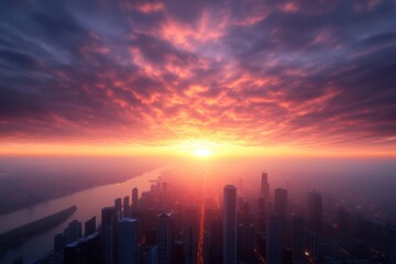 Fototapeta premium stunning sunset over a city skyline with dramatic clouds and river
