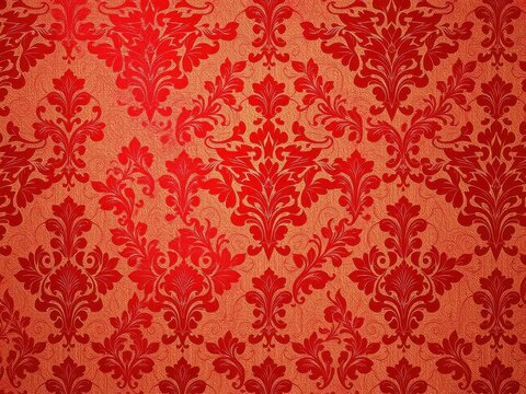 Fototapeta Red vintage wallpaper with damask design on white background, wallpaper, interior